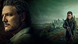 Joel stares intently to the left with a weathered expression, while Ellie stands armed with a rifle in an overgrown, post-apocalyptic road littered with abandoned cars. A ruined city skyline looms in the distance under a dark, stormy sky.